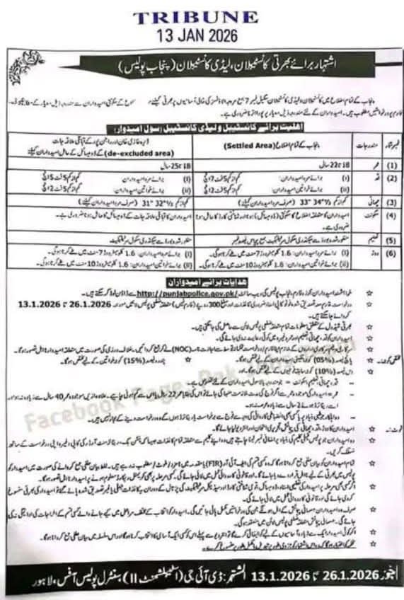 Punjab Police Constable/Lady Constable Jobs 2026 Advertisement 