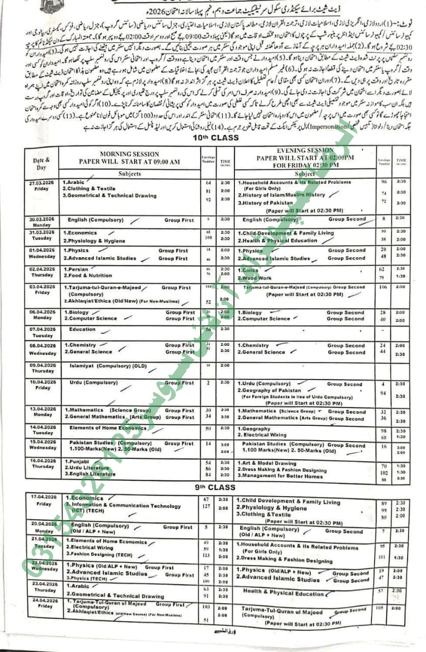 9th & 10th Classes Date Sheet 2026 For All Punjab Boards