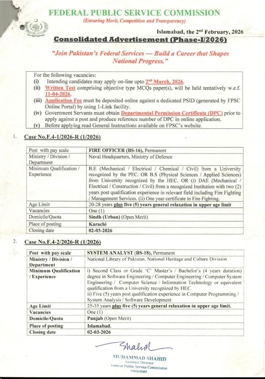 FPSC Jobs 2026 Advertisement