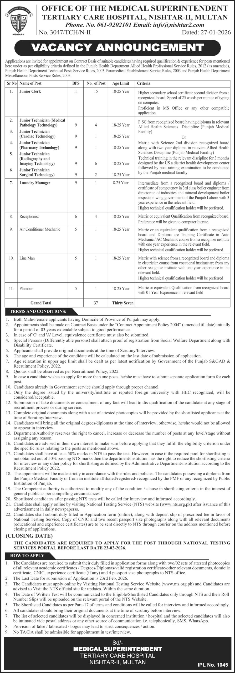 Nishtar Hospital Multan Jobs 2026 Advertisement