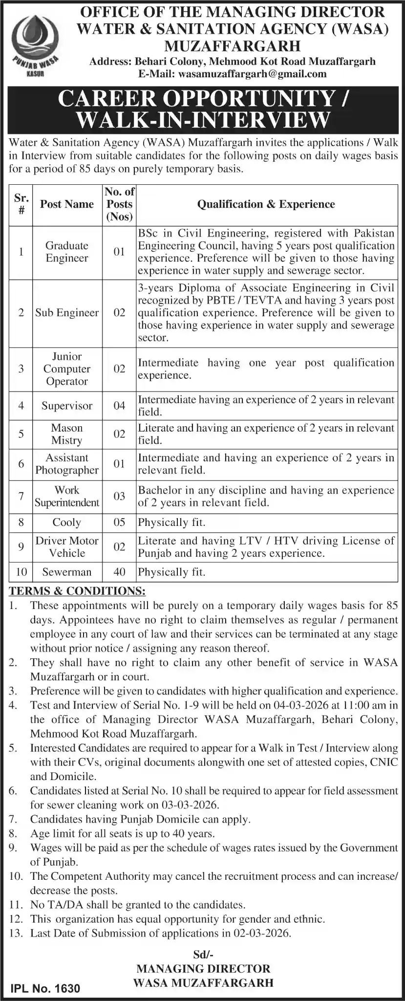 WASA Muzaffargarh Jobs 2026 Advertisement 